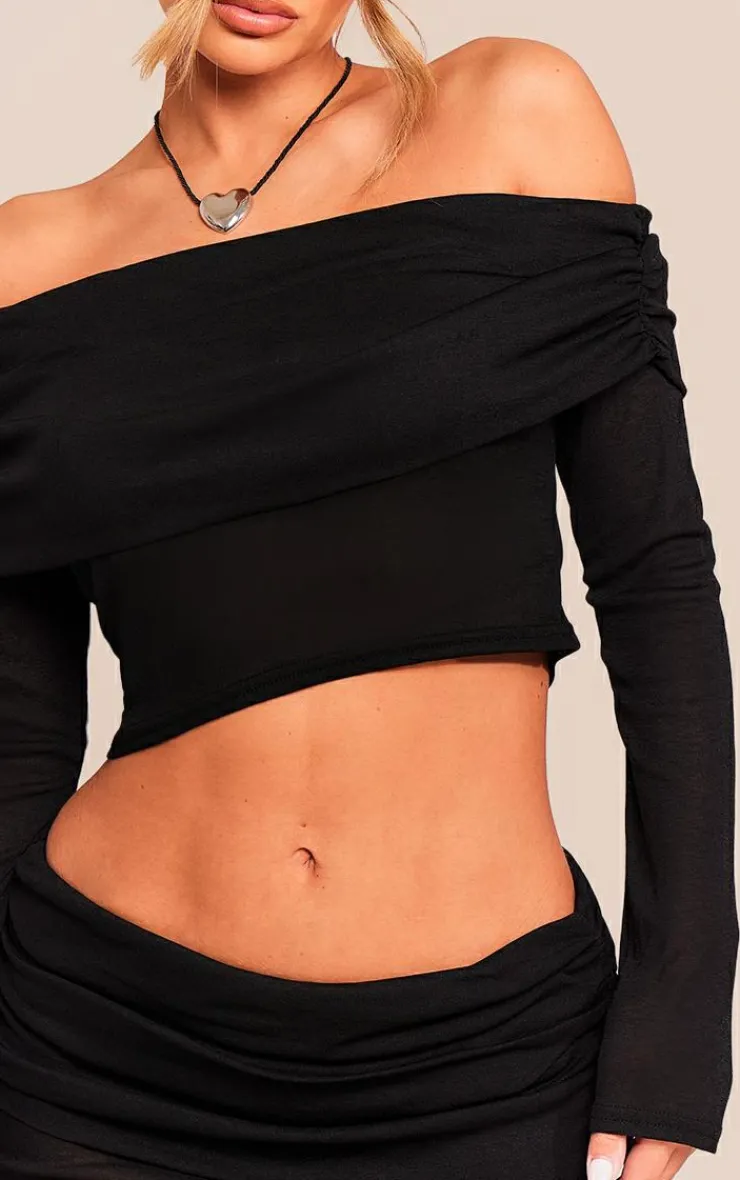 Clearance PrettyLittleThing Sheer Burnout Mesh Fold Over Hem Long Sleeve Bardot Top Black