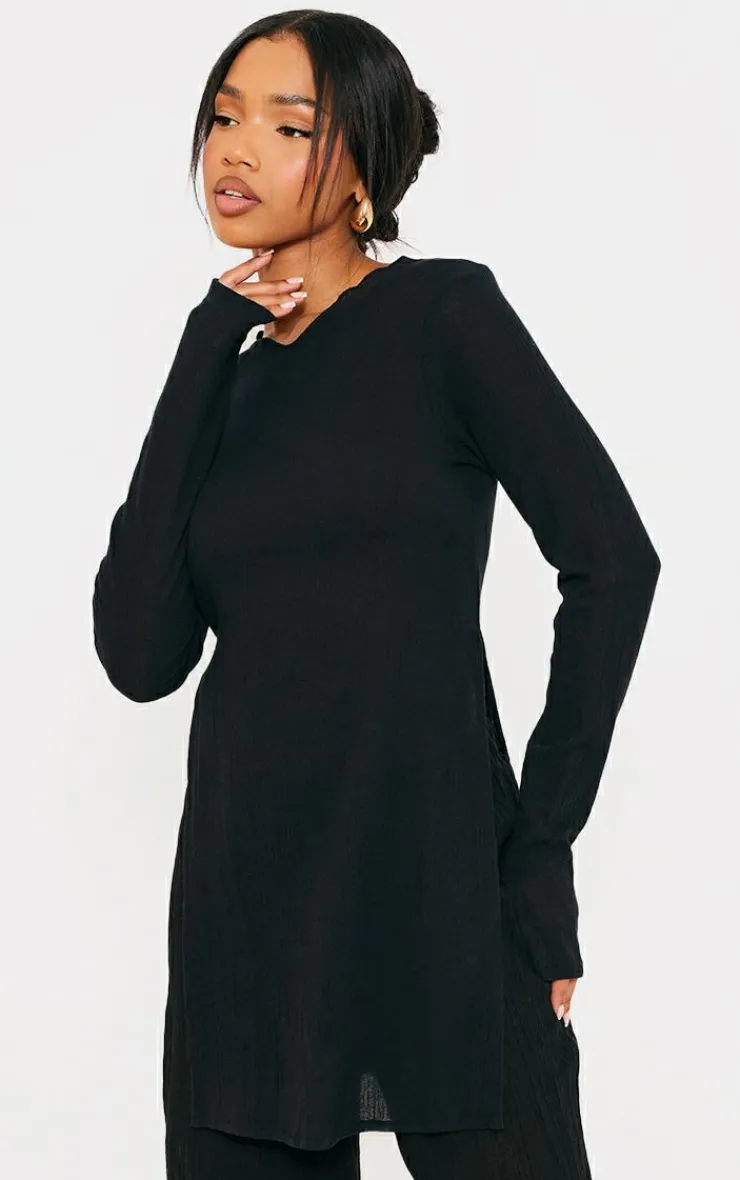 Outlet PrettyLittleThing Sheer Cheesecloth Textured Split Sleeve Long Top Black