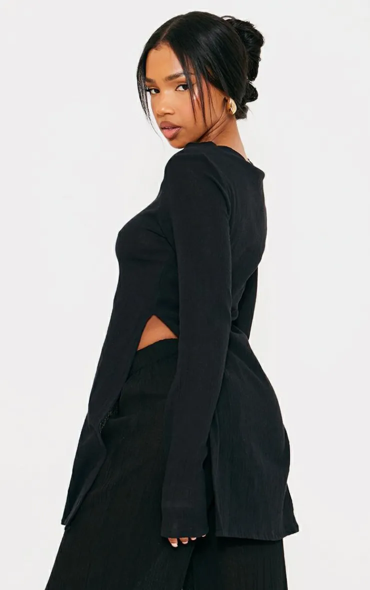 Outlet PrettyLittleThing Sheer Cheesecloth Textured Split Sleeve Long Top Black