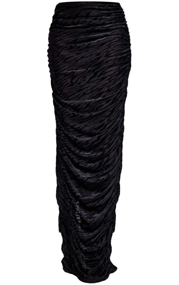 Clearance PrettyLittleThing Sheer Devore Ruched Midaxi Skirt Black