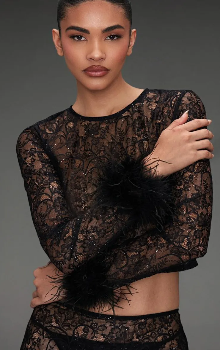 New PrettyLittleThing Sheer Glitter Lace Feather Trim Top Black