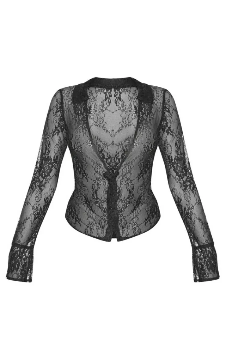 Outlet PrettyLittleThing Sheer Lace Fitted Shirt Black
