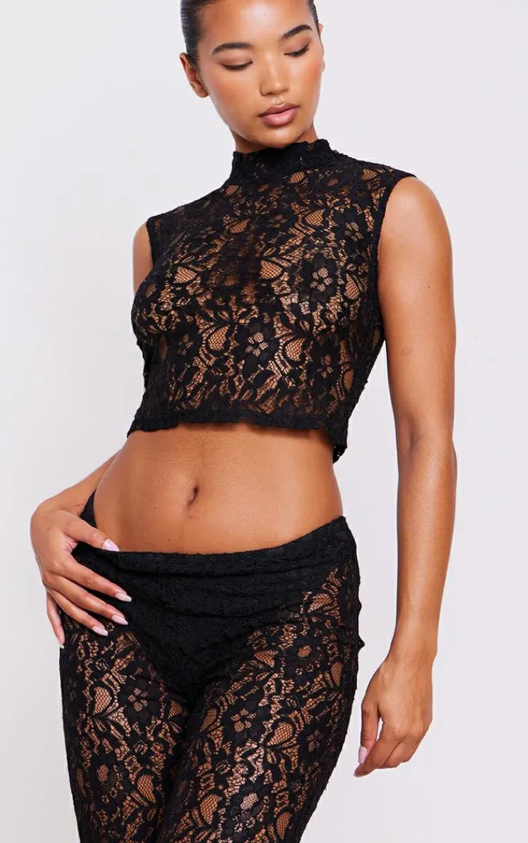 Hot PrettyLittleThing Sheer Lace High Neck Sleeveless Top Black