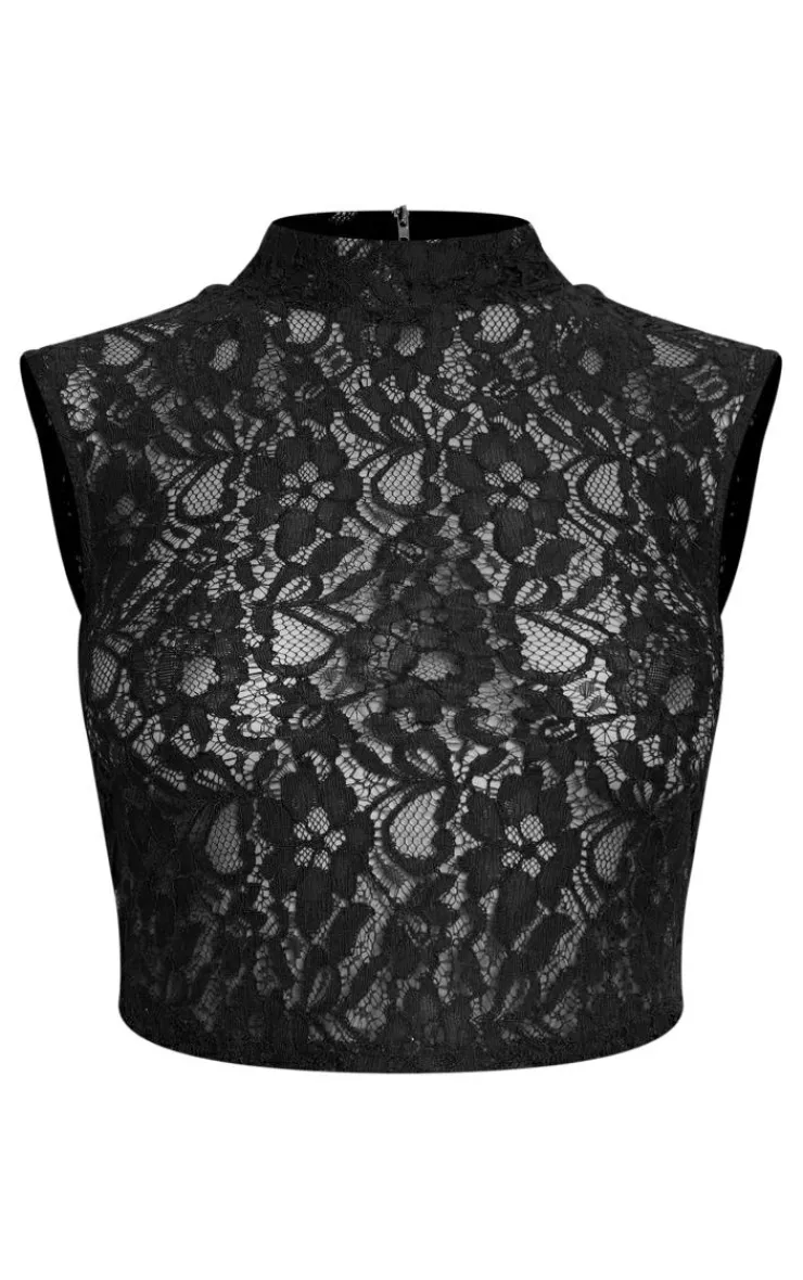 Hot PrettyLittleThing Sheer Lace High Neck Sleeveless Top Black