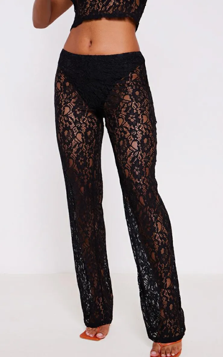 Discount PrettyLittleThing Sheer Lace High Waisted Flared Pants Black