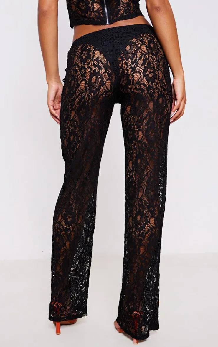 Discount PrettyLittleThing Sheer Lace High Waisted Flared Pants Black