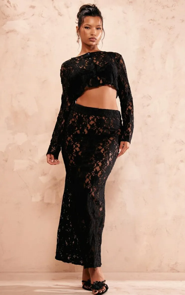 Outlet PrettyLittleThing Sheer Lace Low Rise Fishtail Maxi Skirt Black