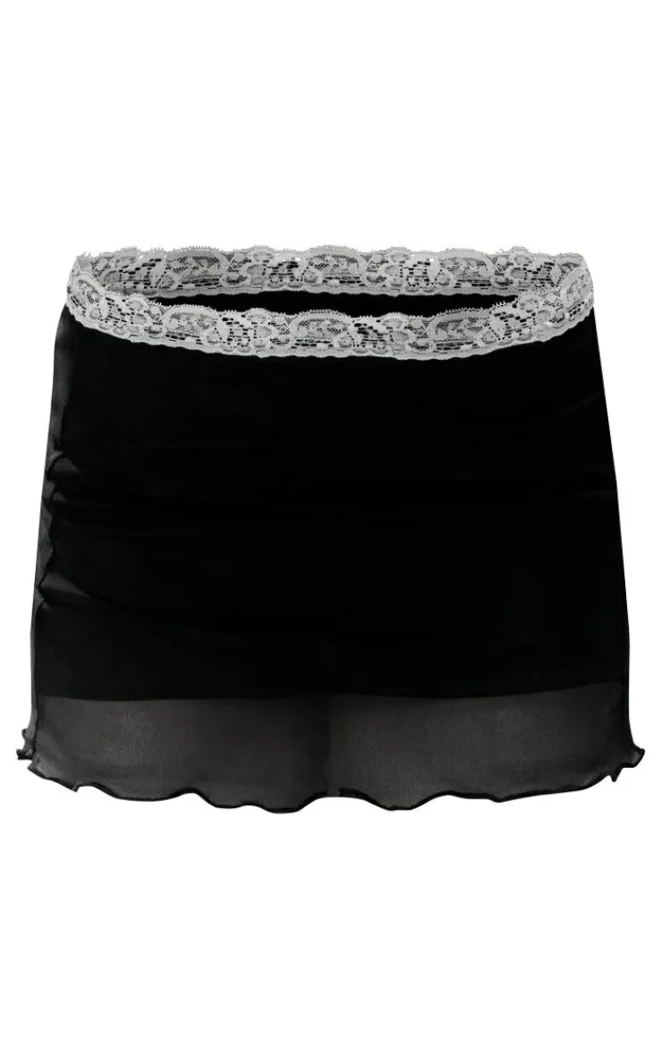 Online PrettyLittleThing Sheer Mesh Lace Trim Low Rise Micro Mini Skirt Black