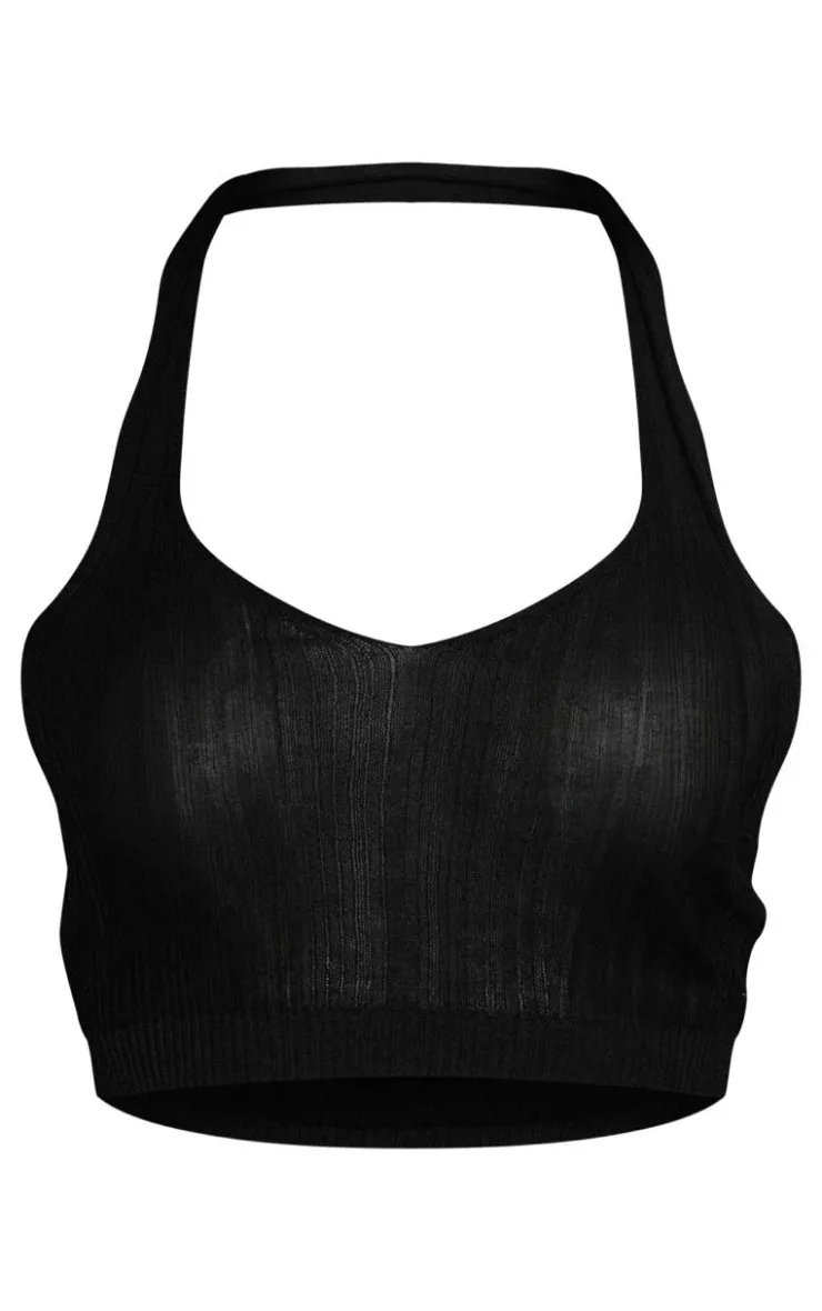 Online PrettyLittleThing Sheer Rib Knit Halterneck Keyhole Crop Top Black