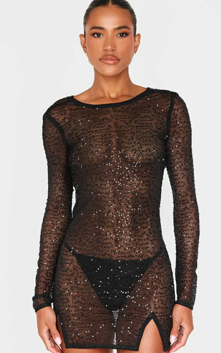 Sheer Sequin Cowl Back Shift Dress-PrettyLittleThing Online