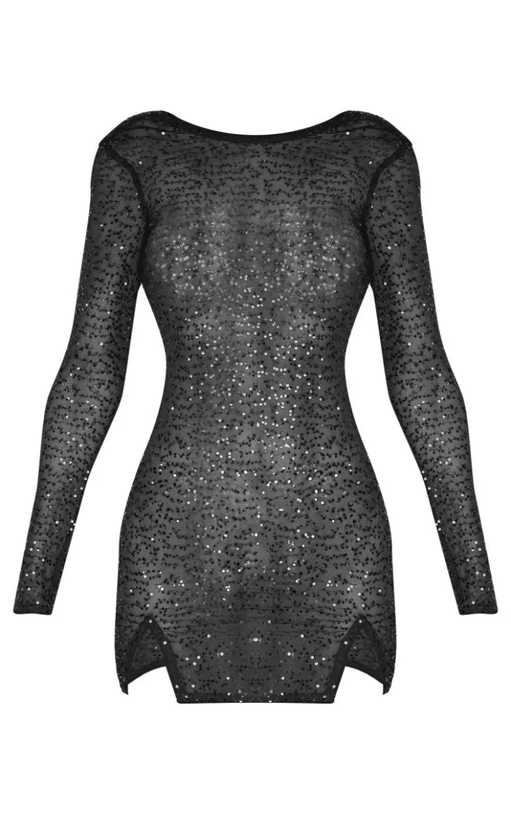 Sheer Sequin Cowl Back Shift Dress-PrettyLittleThing Online