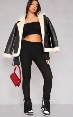 Discount PrettyLittleThing Sheer Soft Rib Split Hem Tie Detail Leggings Black