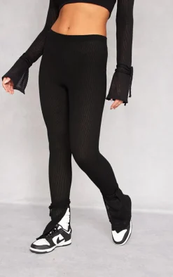 Discount PrettyLittleThing Sheer Soft Rib Split Hem Tie Detail Leggings Black
