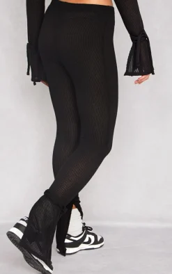 Discount PrettyLittleThing Sheer Soft Rib Split Hem Tie Detail Leggings Black