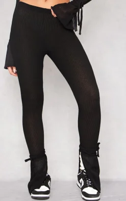 Discount PrettyLittleThing Sheer Soft Rib Split Hem Tie Detail Leggings Black