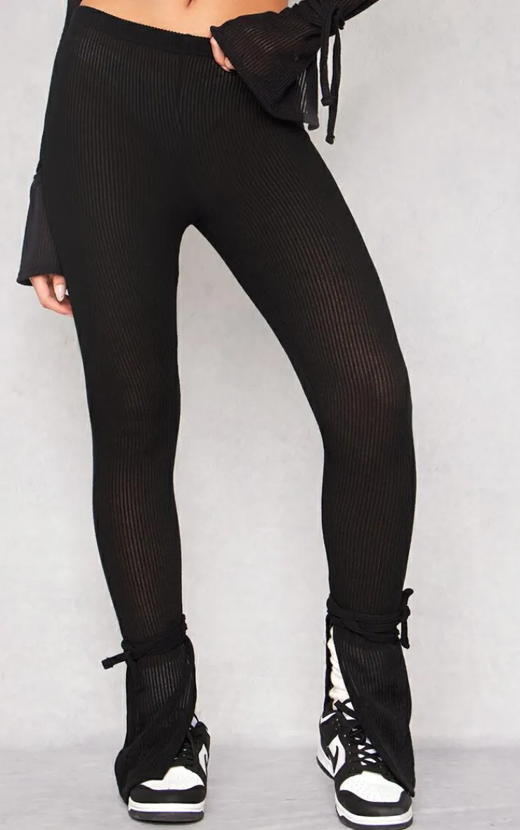 Discount PrettyLittleThing Sheer Soft Rib Split Hem Tie Detail Leggings Black