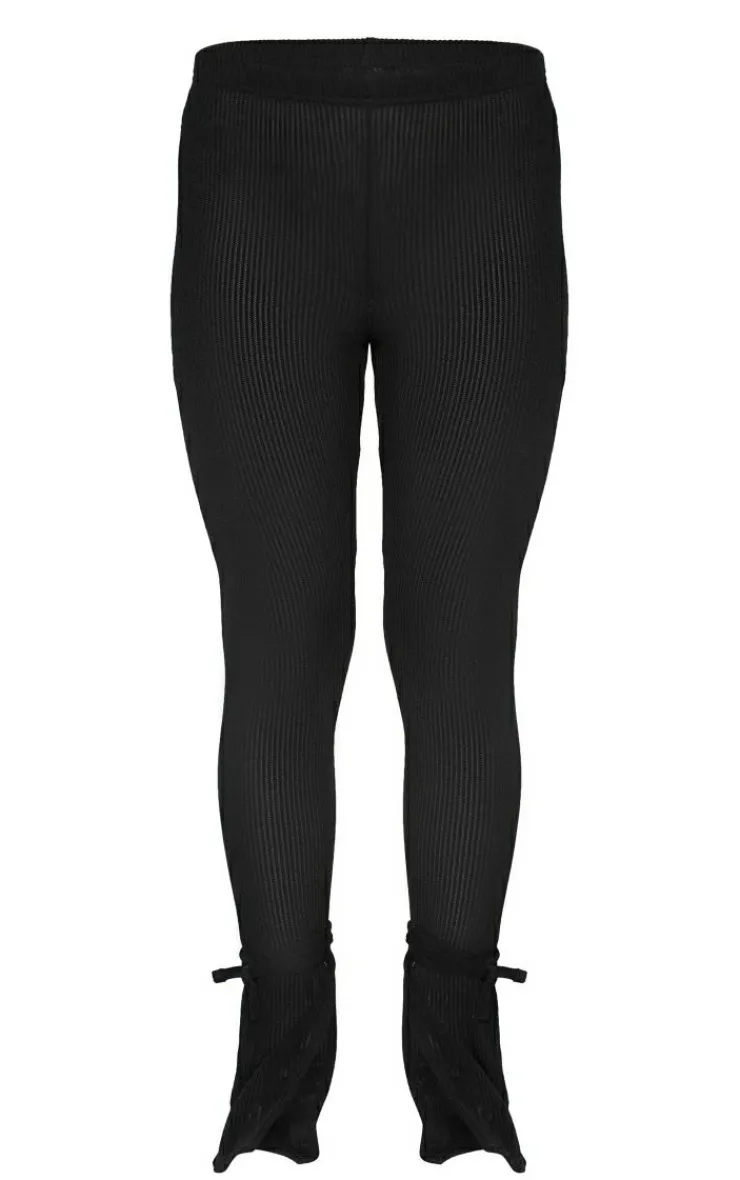 Discount PrettyLittleThing Sheer Soft Rib Split Hem Tie Detail Leggings Black