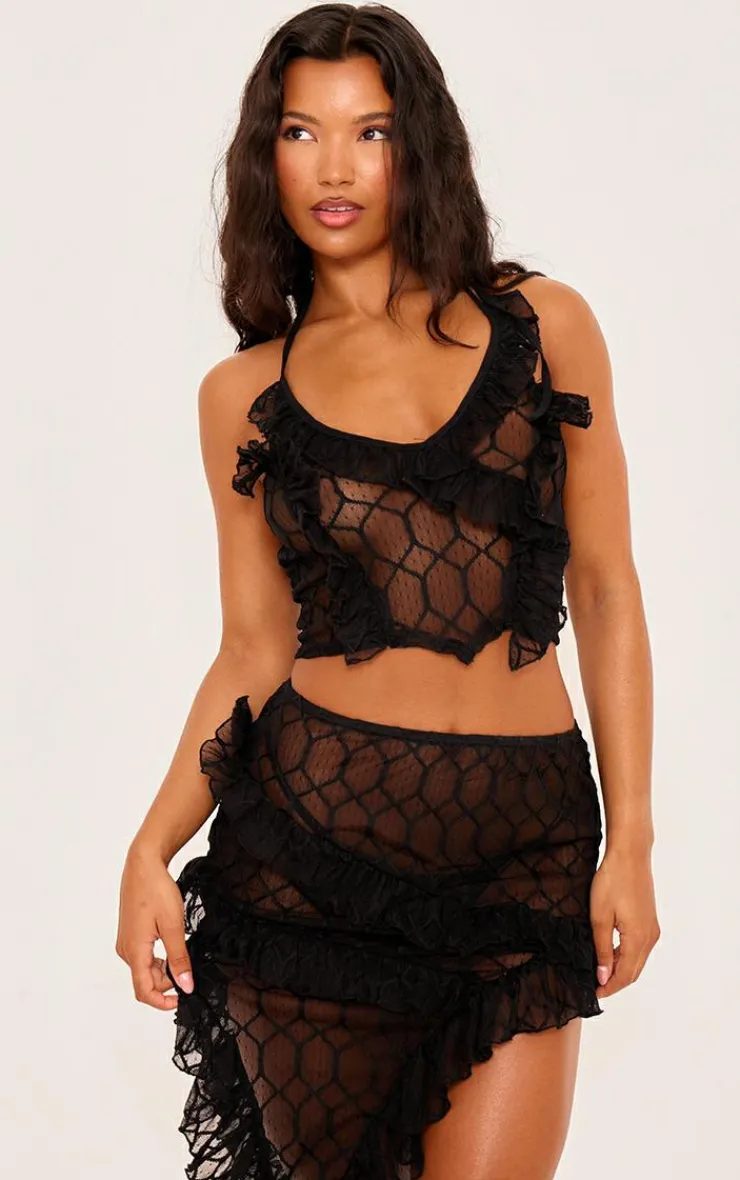 Hot PrettyLittleThing Sheer Textured Ruffle Asymmetric Mini Skirt Black