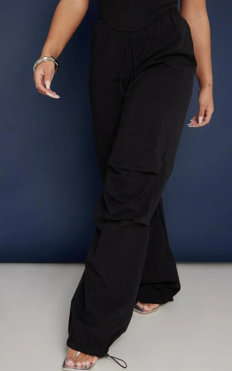 Discount PrettyLittleThing Shell Toggle Drawstring Ruched Cargo Pants Black