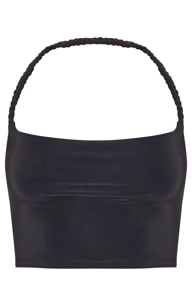 New PrettyLittleThing Slinky Braided Strap Detail Top Black