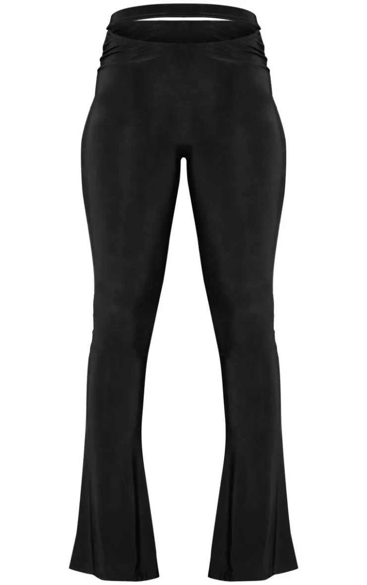 Discount PrettyLittleThing Slinky Cutout Foldover Skinny Flare Pants Black