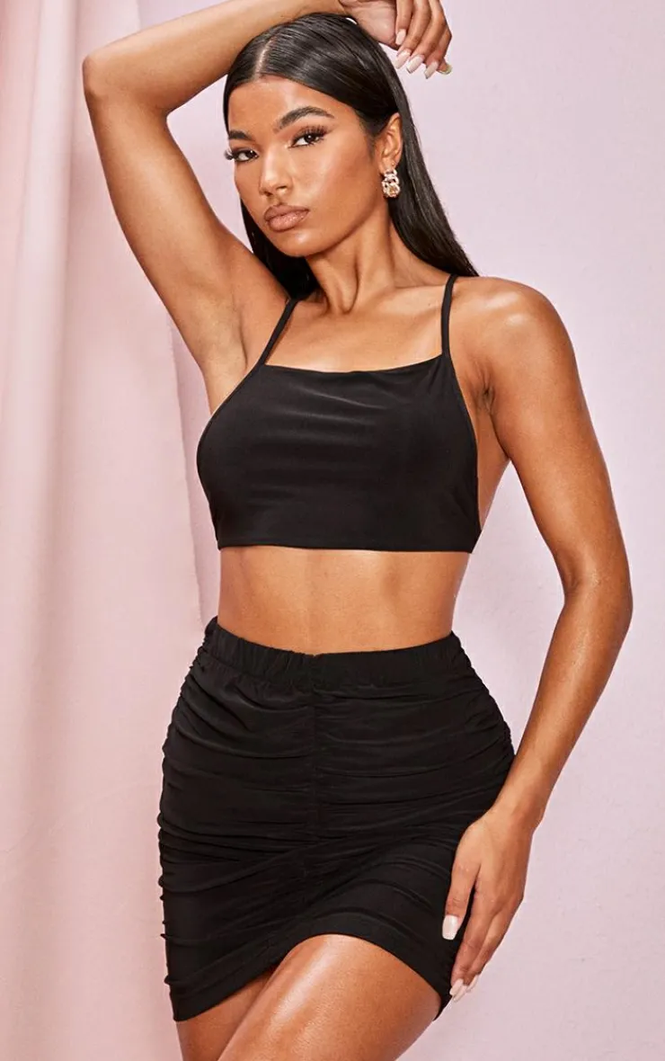 Online PrettyLittleThing Slinky Double Ruched Seam Mini Skirt Black