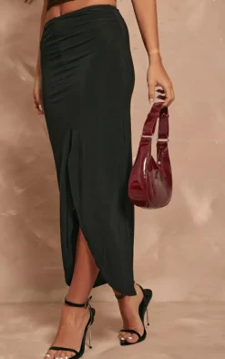 PrettyLittleThing Slinky Low Rise Midaxi Split Front Skirt Black
