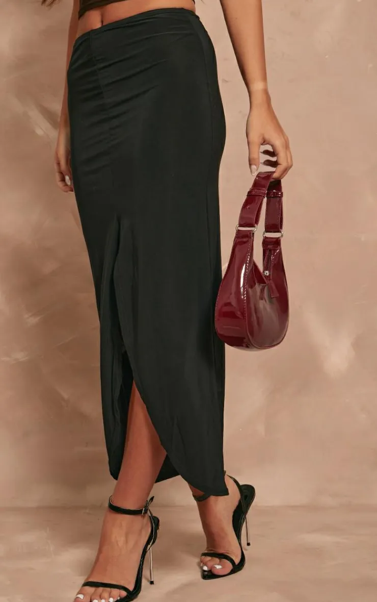 Hot PrettyLittleThing Slinky Low Rise Split Front Midaxi Skirt Black