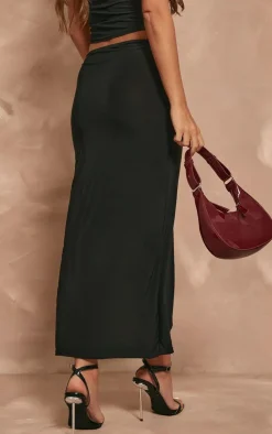 Hot PrettyLittleThing Slinky Low Rise Split Front Midaxi Skirt Black