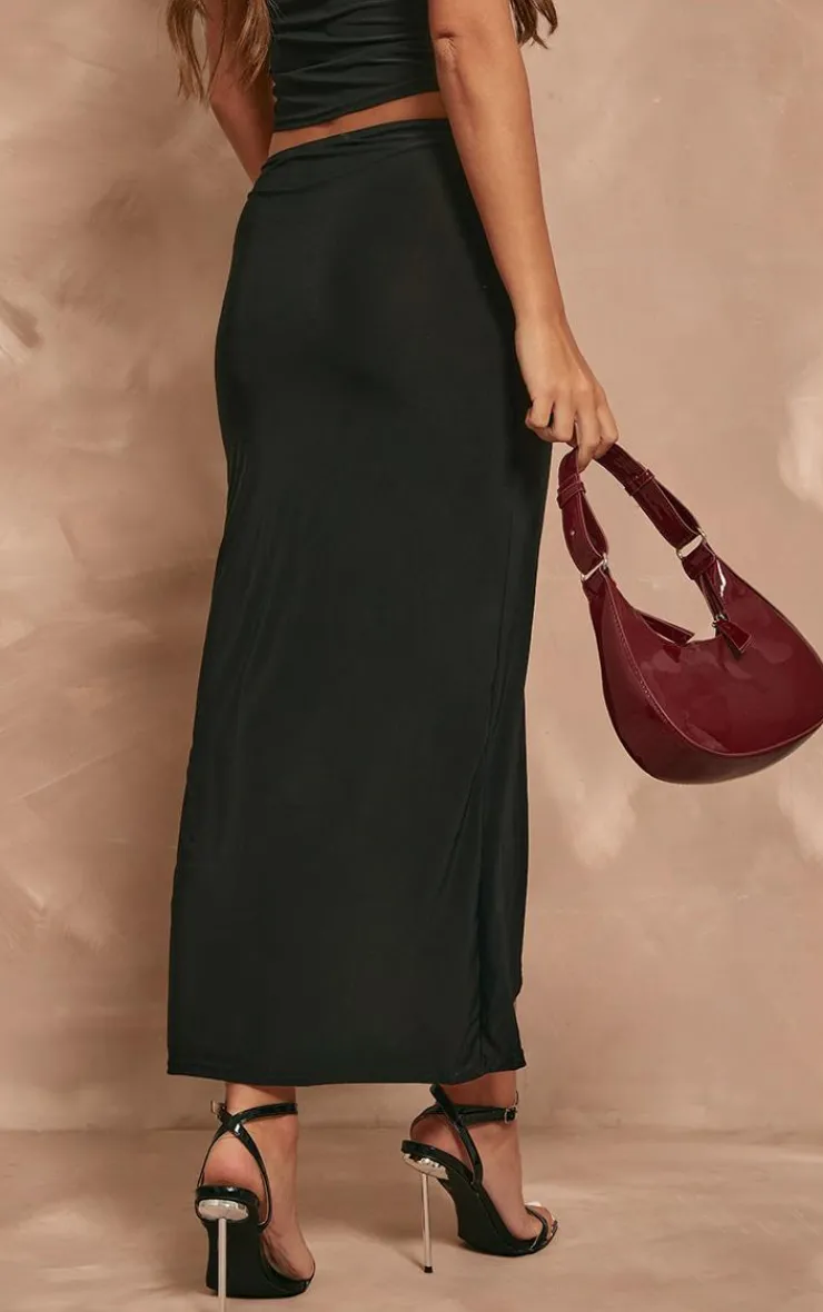 Hot PrettyLittleThing Slinky Low Rise Split Front Midaxi Skirt Black