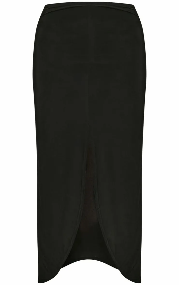 Hot PrettyLittleThing Slinky Low Rise Split Front Midaxi Skirt Black