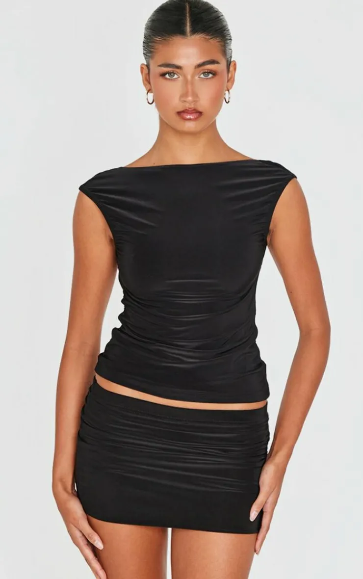 Clearance PrettyLittleThing Slinky Open Back Longline Top Black