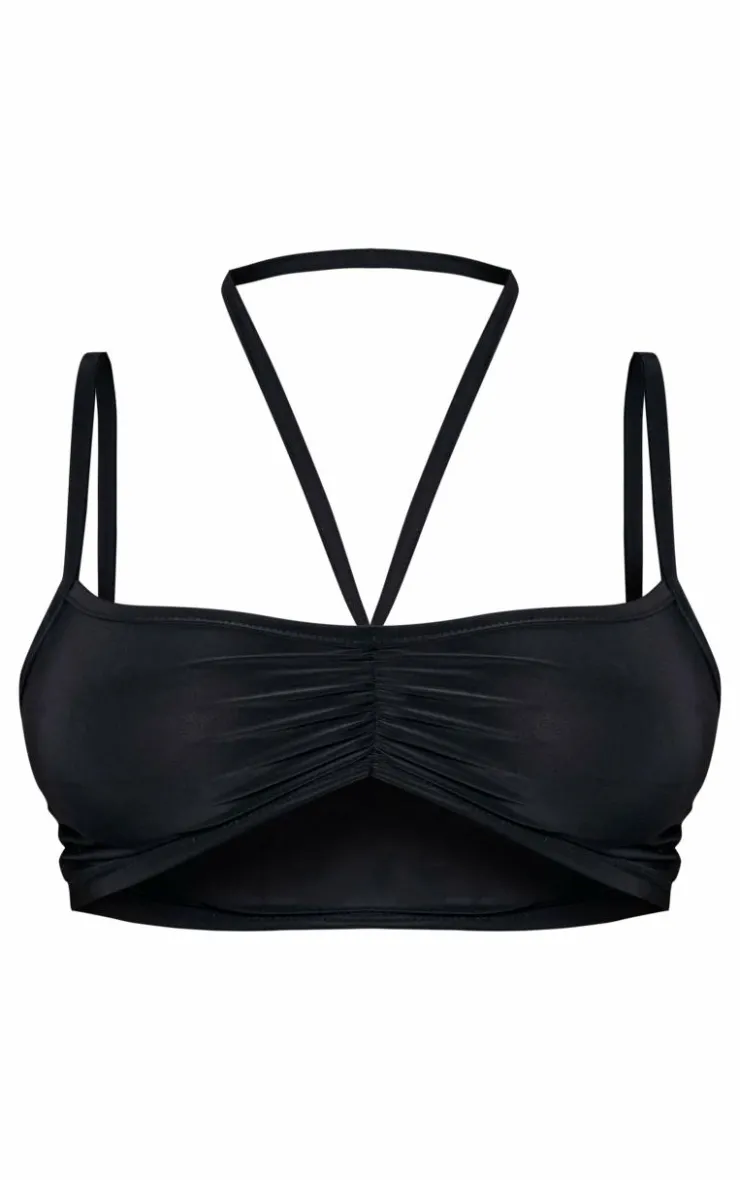 Outlet PrettyLittleThing Slinky Ruched Strappy Halterneck Detailed Bralet Black