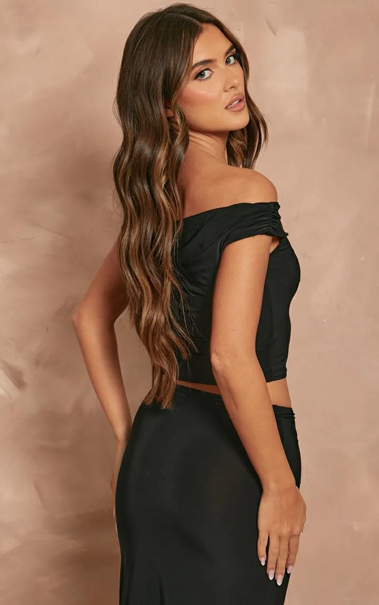 Sale PrettyLittleThing Slinky Slash Neck Off The Shoulder Top Black