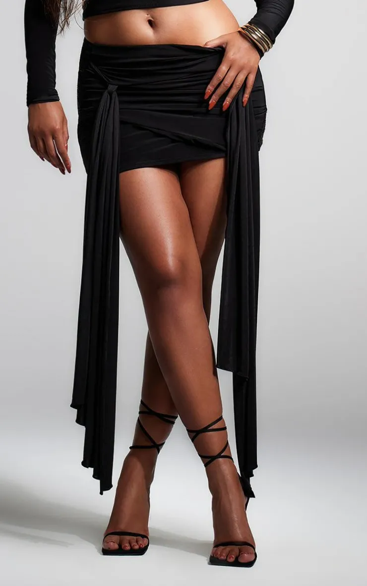 Online PrettyLittleThing Slinky Tie Knot Detail Mini Skirt Black