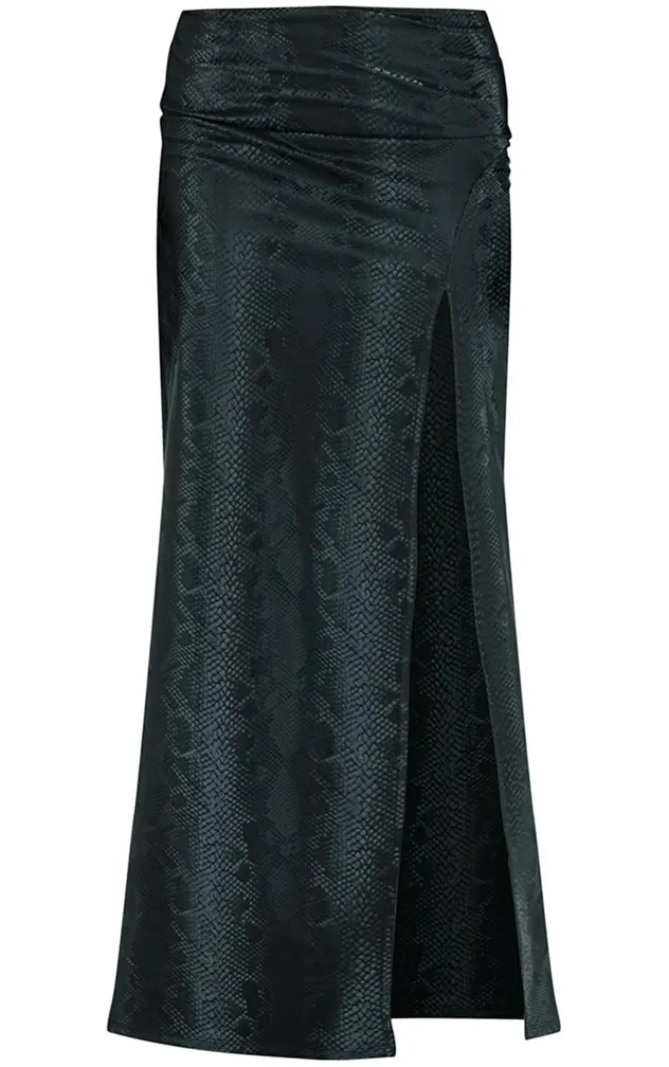 Outlet PrettyLittleThing Snakeskin Matte Vinyl Extreme Split Midaxi Skirt Black