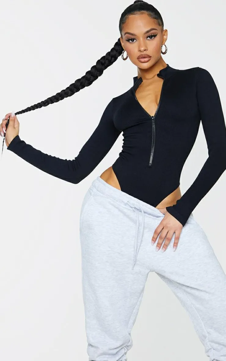 PrettyLittleThing Snatched*Snatched Rib Zip Up Long Sleeve Bodysuit