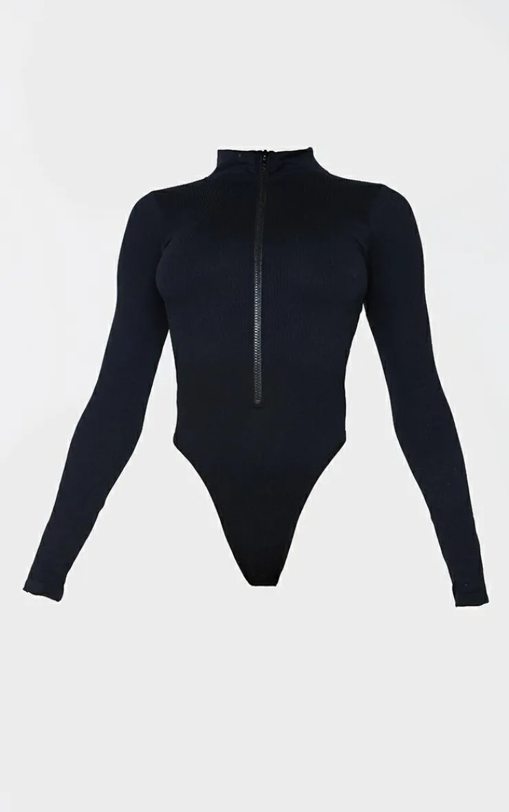PrettyLittleThing Snatched*Snatched Rib Zip Up Long Sleeve Bodysuit
