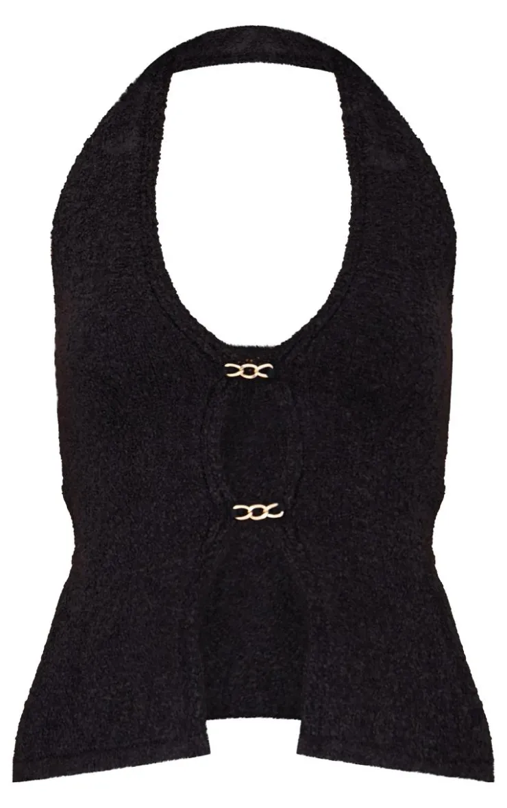 Discount PrettyLittleThing Soft Bobble Knit Gold Trim Vest Top Black