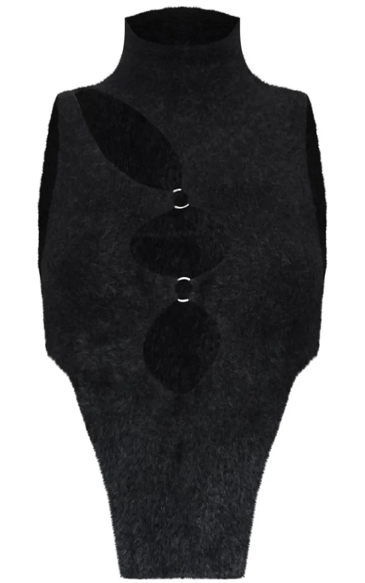 Outlet PrettyLittleThing Soft Knit O Ring High Neck Crop Top Black