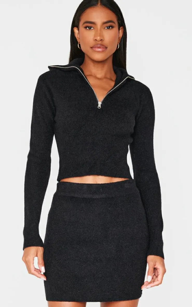 Sale PrettyLittleThing Soft Knit Zip Up Roll Neck Cropped Sweater Black