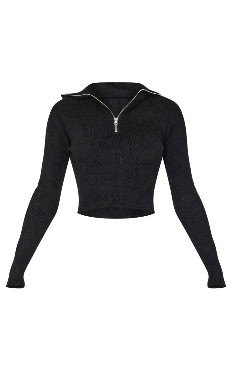 Sale PrettyLittleThing Soft Knit Zip Up Roll Neck Cropped Sweater Black