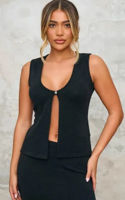 PrettyLittleThing Soft Rib Button Front Vest Black