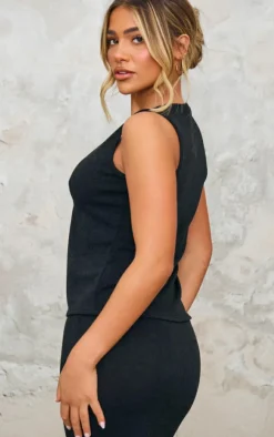 PrettyLittleThing Soft Rib Button Front Vest Black