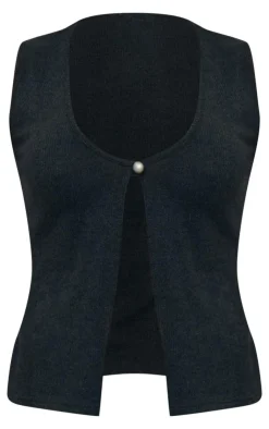 PrettyLittleThing Soft Rib Button Front Vest Black