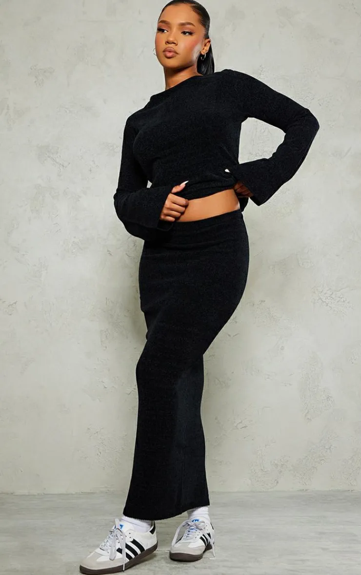 New PrettyLittleThing Soft Textured Knit Maxi Skirt Black