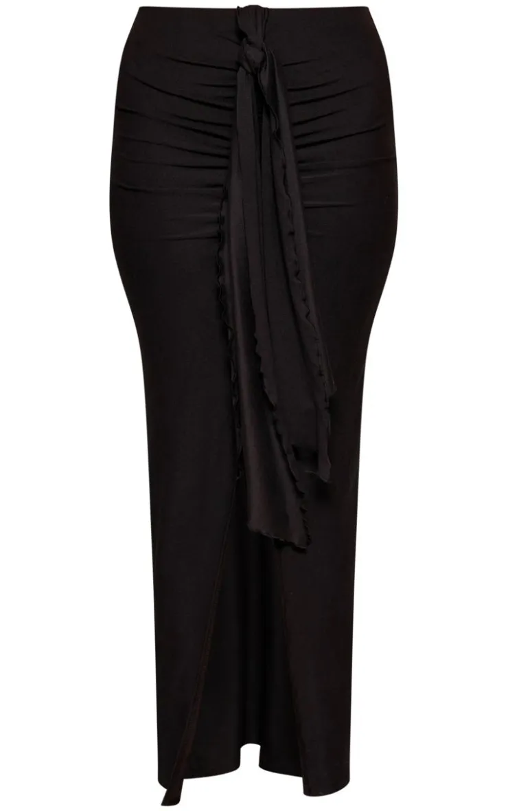 Hot PrettyLittleThing Soft Touch Ruched Knot Detail Split Leg Midaxi Skirt Black
