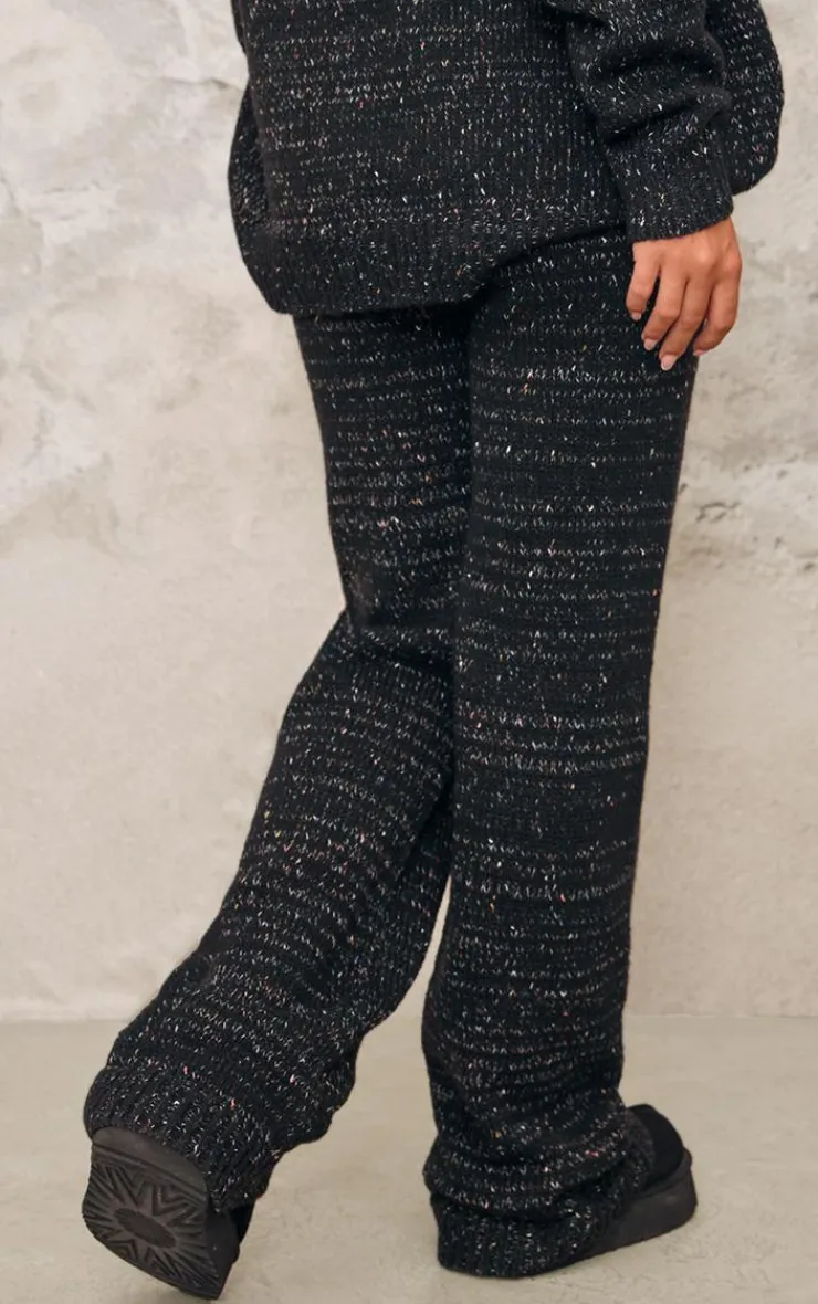 New PrettyLittleThing Space Dye Knitted Wide Leg Pants Black
