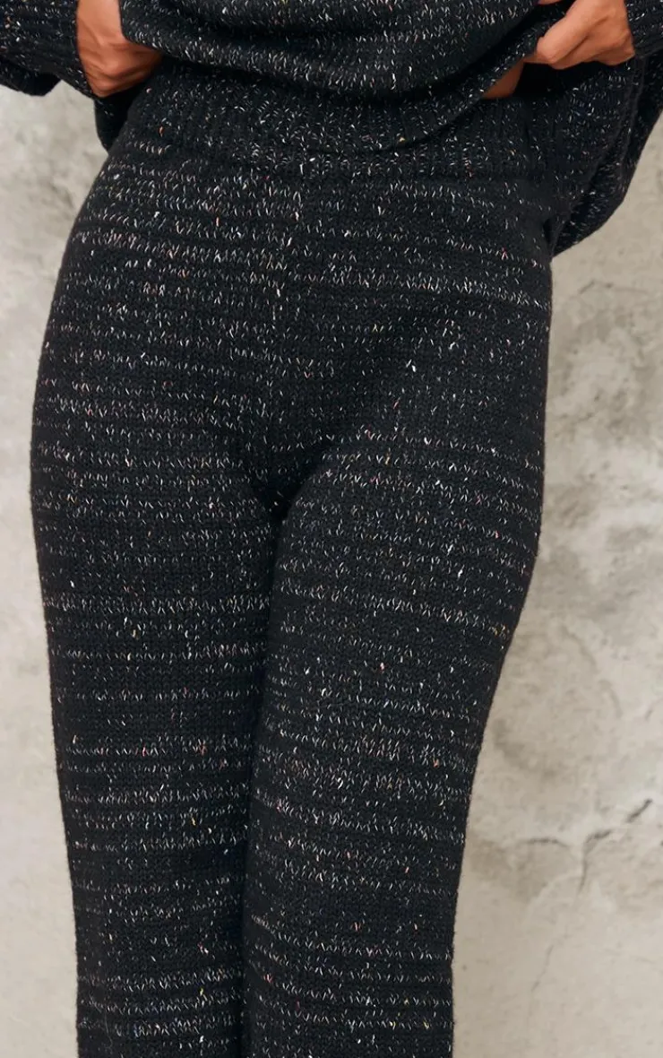 New PrettyLittleThing Space Dye Knitted Wide Leg Pants Black