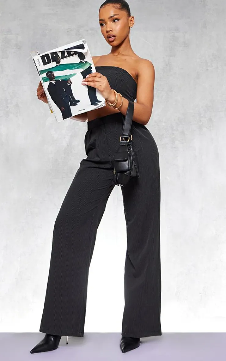 New PrettyLittleThing Straight Leg Pinstripe Pants Black
